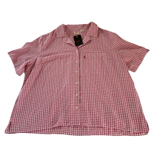 Levi's Women’s Resort Pink and White Gingham Button Down Short Sleeve Shirt 3X - Picture 3 of 12